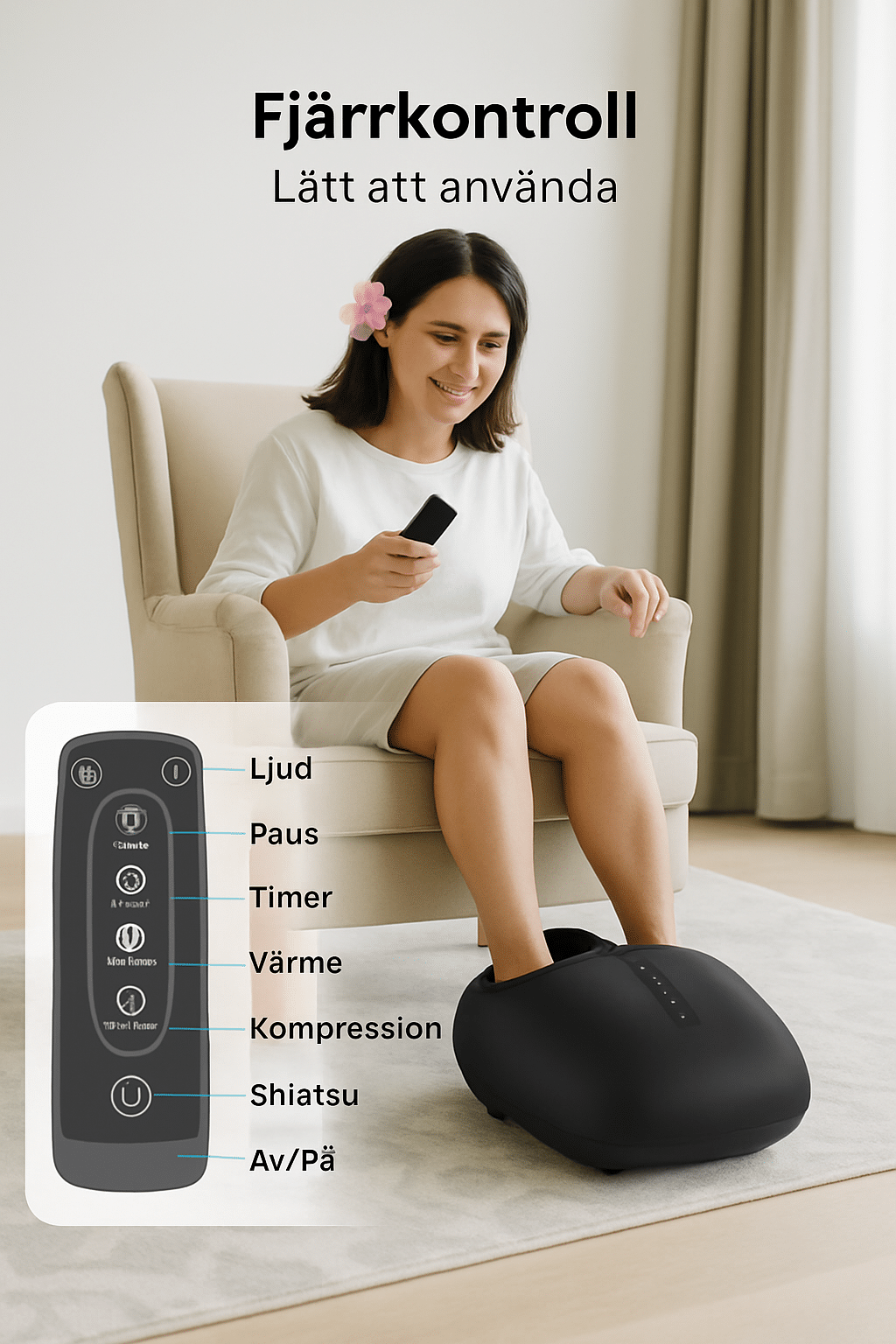 Kvinna använder Pocitron fotmassageapparat med lättanvänd fjärrkontroll och värmefunktion