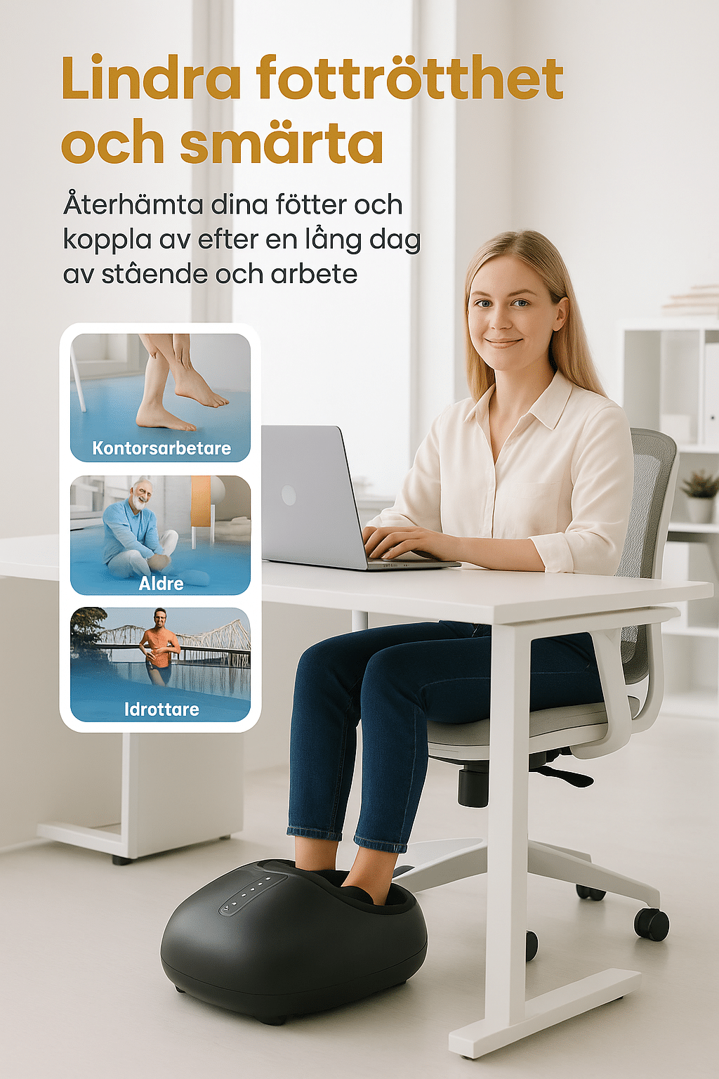 Kvinna använder fotmassageapparat på kontor för att lindra trötta fötter och smärta