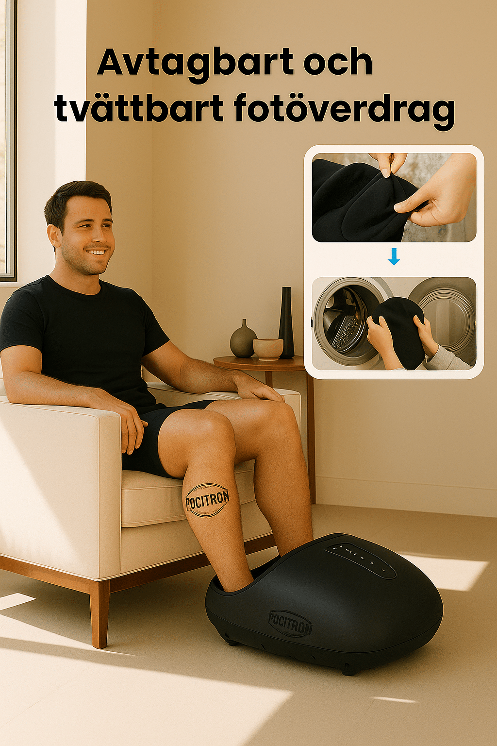 Man använder Pocitron fotmassageapparat med avtagbart och tvättbart fotöverdrag